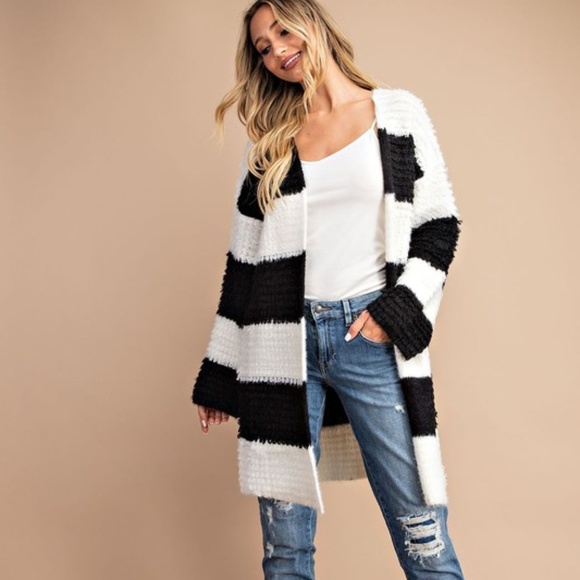 Sweaters - Black/White Striped Loop Knit Open Front Cardigan